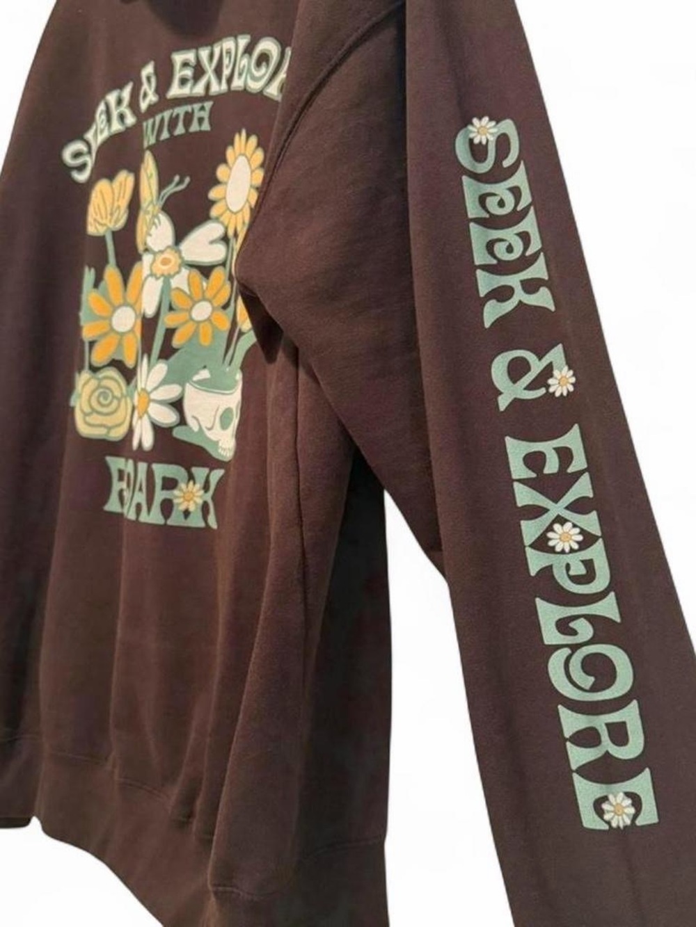 Roark Brown Skater Sweatshirt with Mint & Yellow Floral Graphics Large NWOT